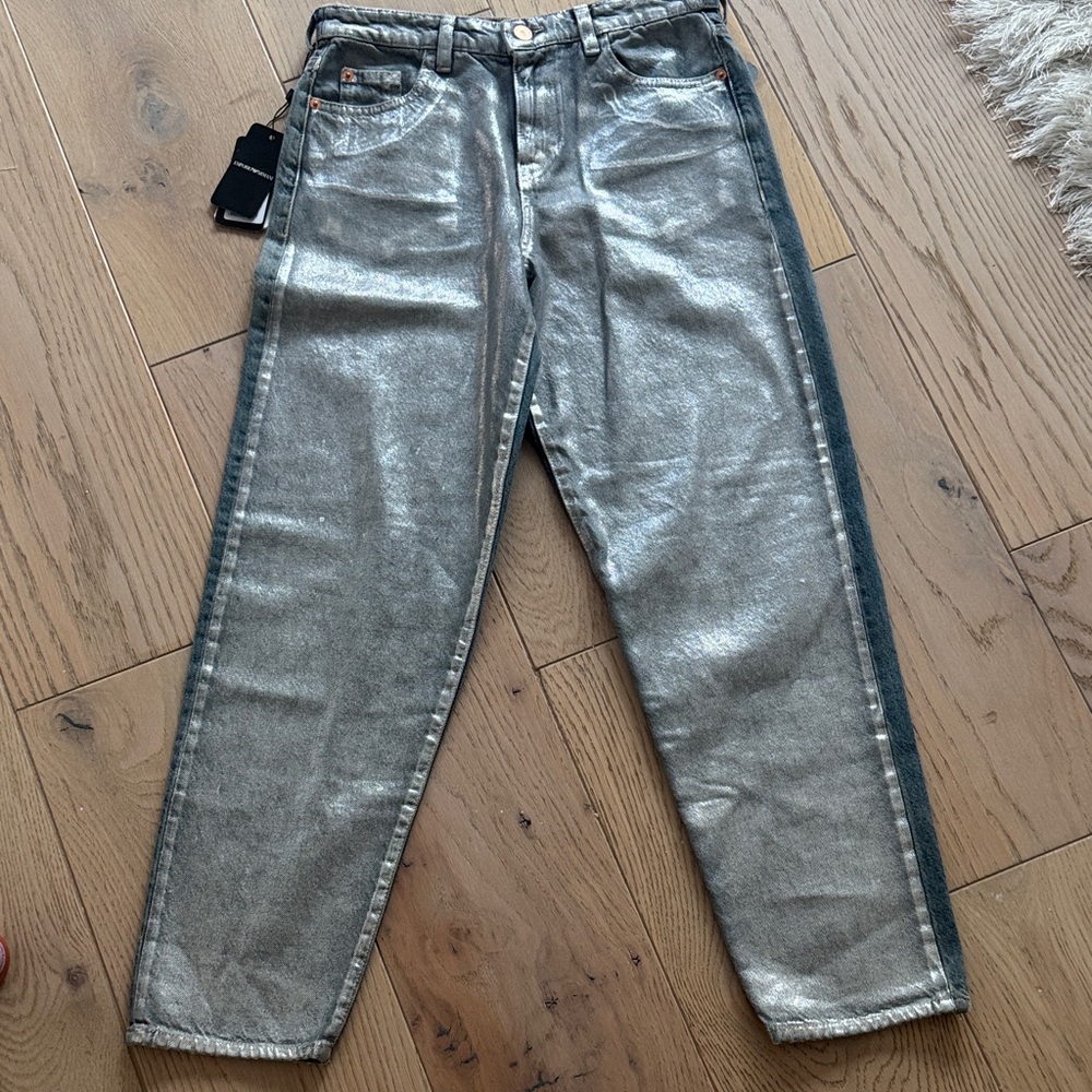 Emporio Armani Shimmering Silver Straight Leg Jeans Slim Girl Fit w 26